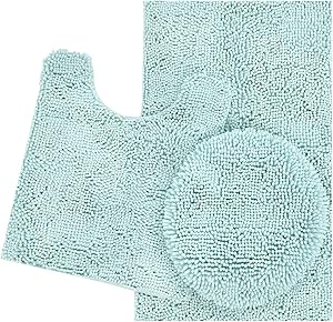 ITSOFT 3pc Non-Slip Shaggy Chenille Bathroom Mat Set, Includes U-Shaped Contour Toilet Mat, Bath Mat and Toilet Lid Cover, Machine Washable, Spa Blue