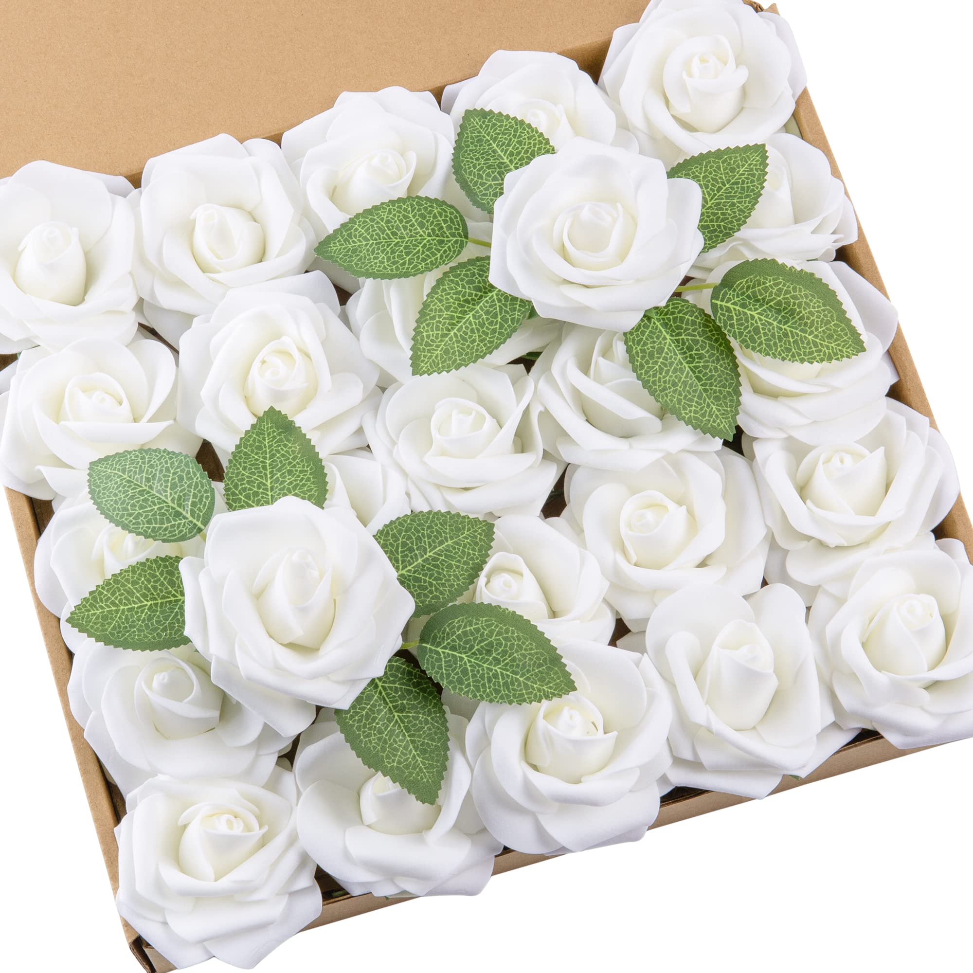 DuHouse 25Pcs Artificial Roses Flowers Fake Rose with Stems Real Touch Foam Flower Head for DIY Wedding Bridal Bouquet Baby Shower Centerpiece Floral Arrangement Party Home Decor(Ivory)