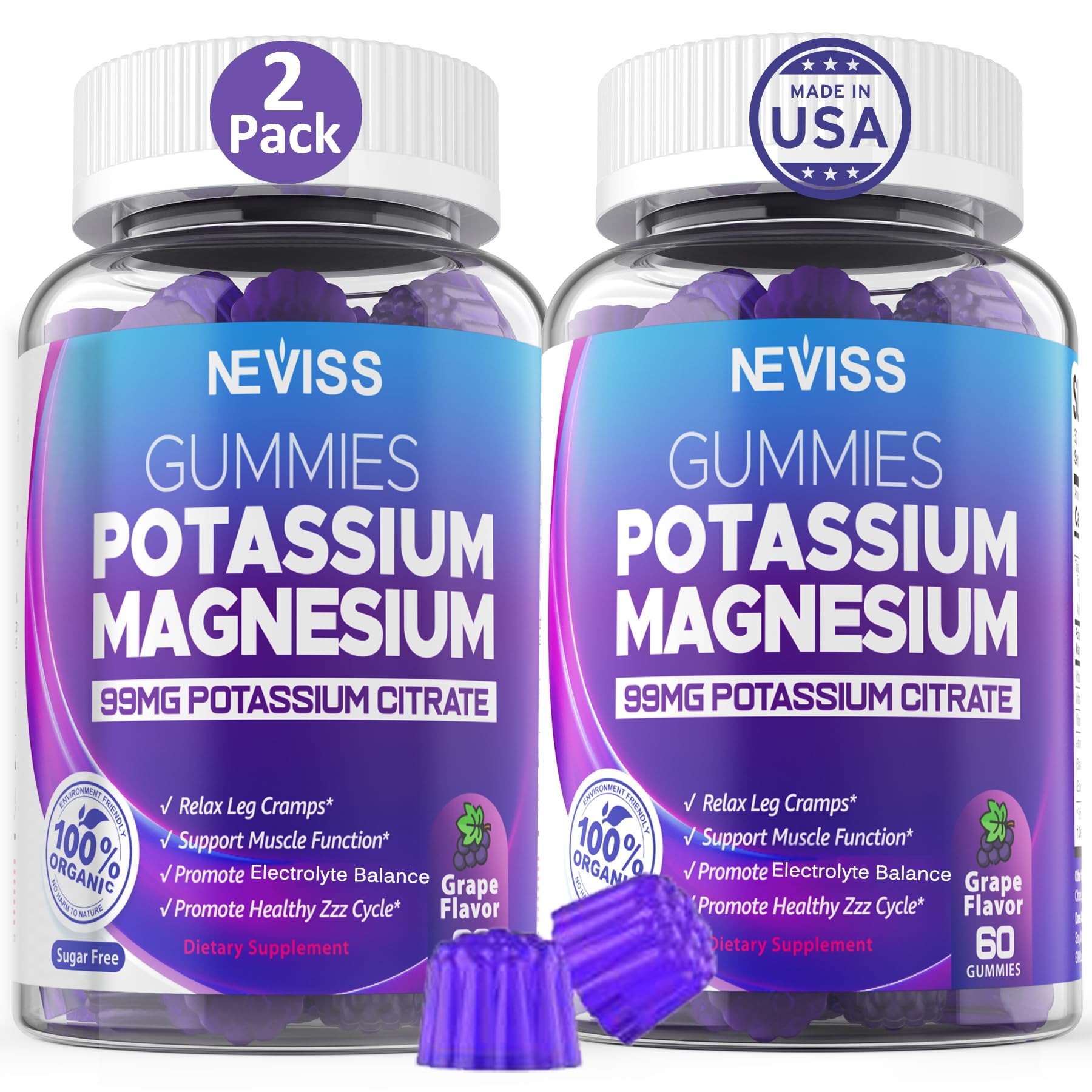 Potassium Magnesium Gummies - Potassium Supplement w/Ashwagandha 200mg, Magnesium Glycinate,B6,B12,P-otassium Citrate for Leg Cramps,Muscle,Electroyte for Adults Kids,Sugar-Free, 2 Pack