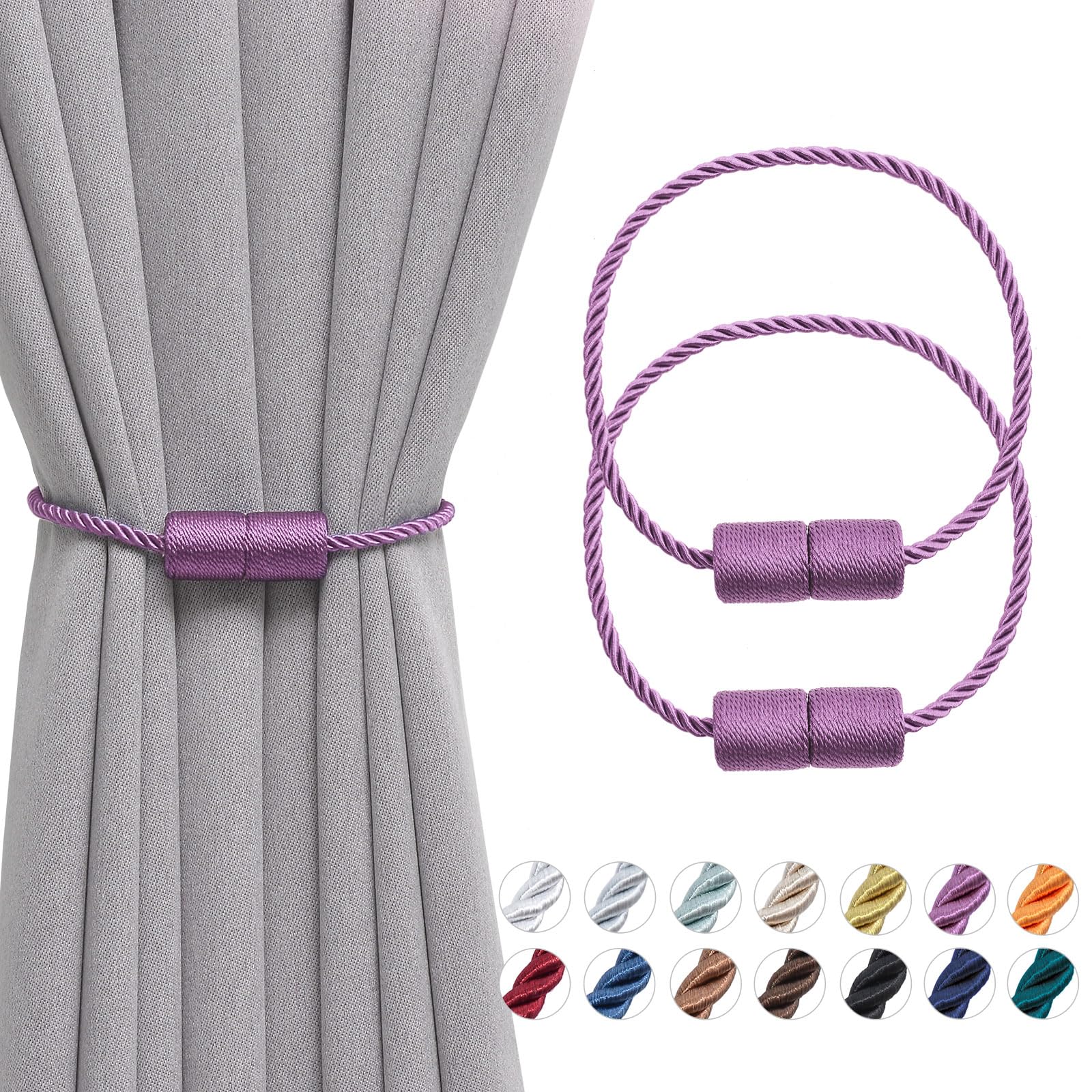 Pretty Jolly 2 Pack Magnetic Curtain Tiebacks 16 Inch Handmade Weave Side Rope Curtain Holdbacks Convenient Decorative Cylinder Curtain Drape Tie Backs for Home & Office Window Drapery (Purple)