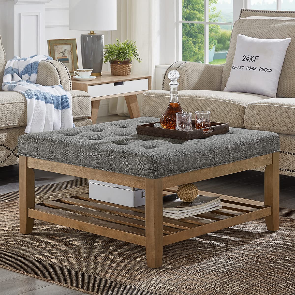 Photo 1 of 24KF Large Square Upholstered Tufted Linen Ottoman Coffee Table, Large Footrest Ottoman with Solid Wood Shelf-Granite
