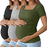 Huukeay 3 Pack Women's Maternity Shirt Ribbed Cotton Short Sleeve Maternity Top Square Neck Side Ruched Summer Pregnancy Tees