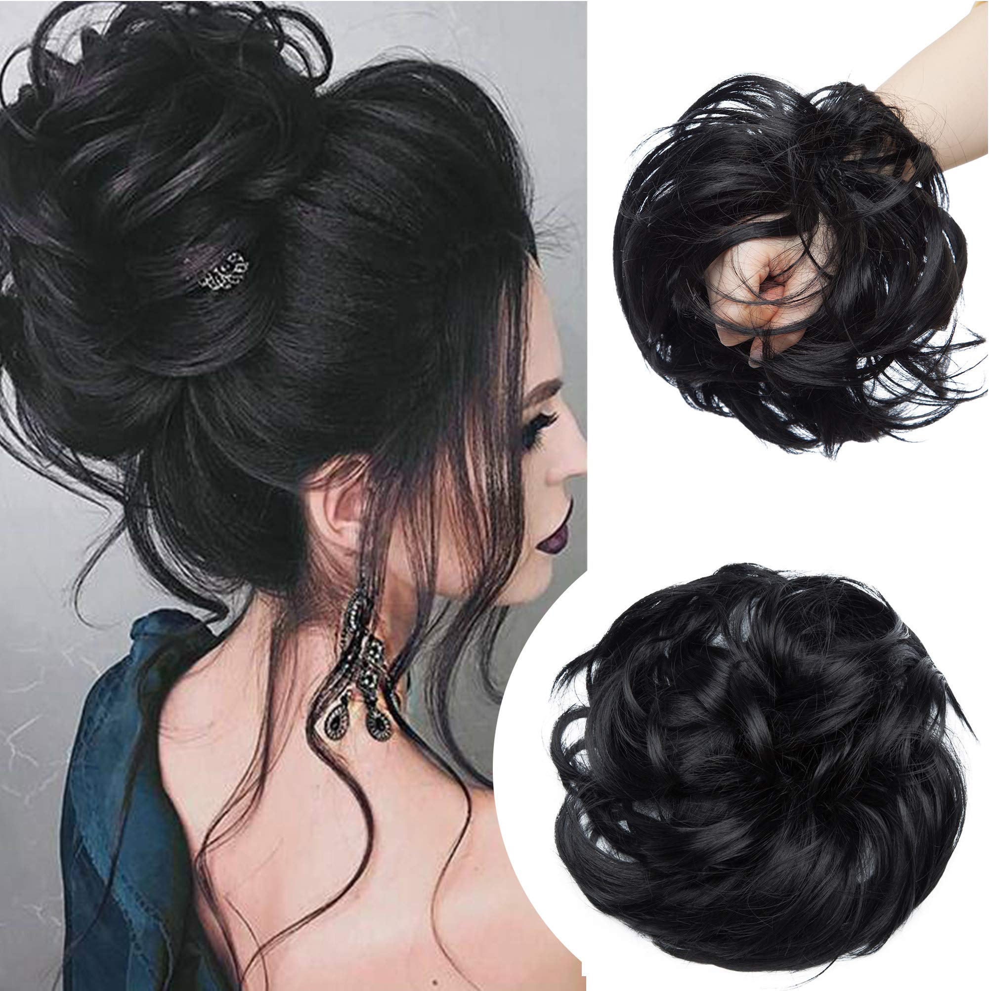 Large Messy Bun Scrunchie Hair Piece Elastic Updo Cover Hair Extension Instant Ponytail Curly 80g 1pc Tousled Synthetic Hairpiece Thick Hair Donut Dark Black