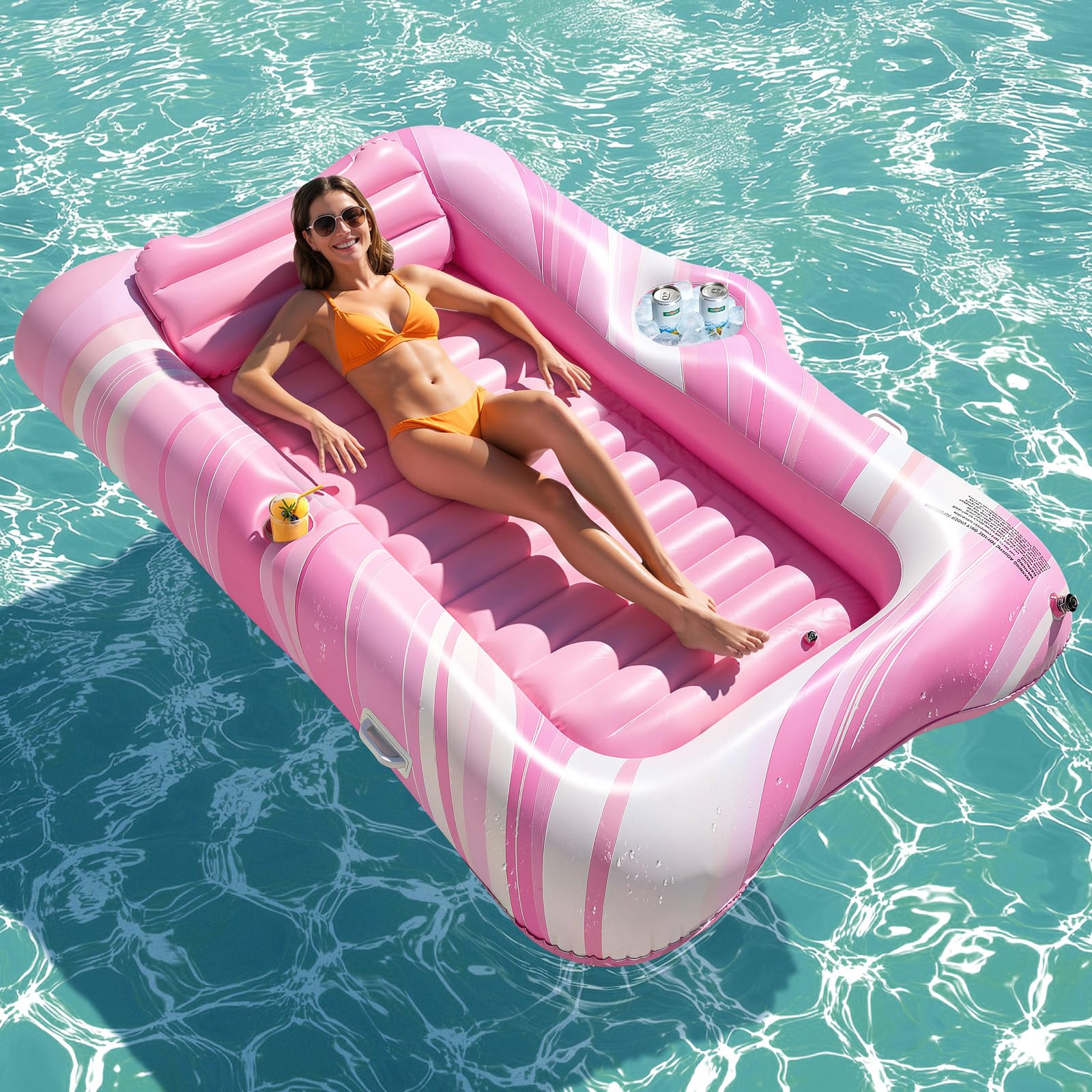HeySplash Inflatable Pool Float Lounge, Large Inflatable Pool Floats Boat for Adults with Cup Holder & Detachable Pillow, Tanning Lounger Float for Lake River Summer Water Party, Pink Marble