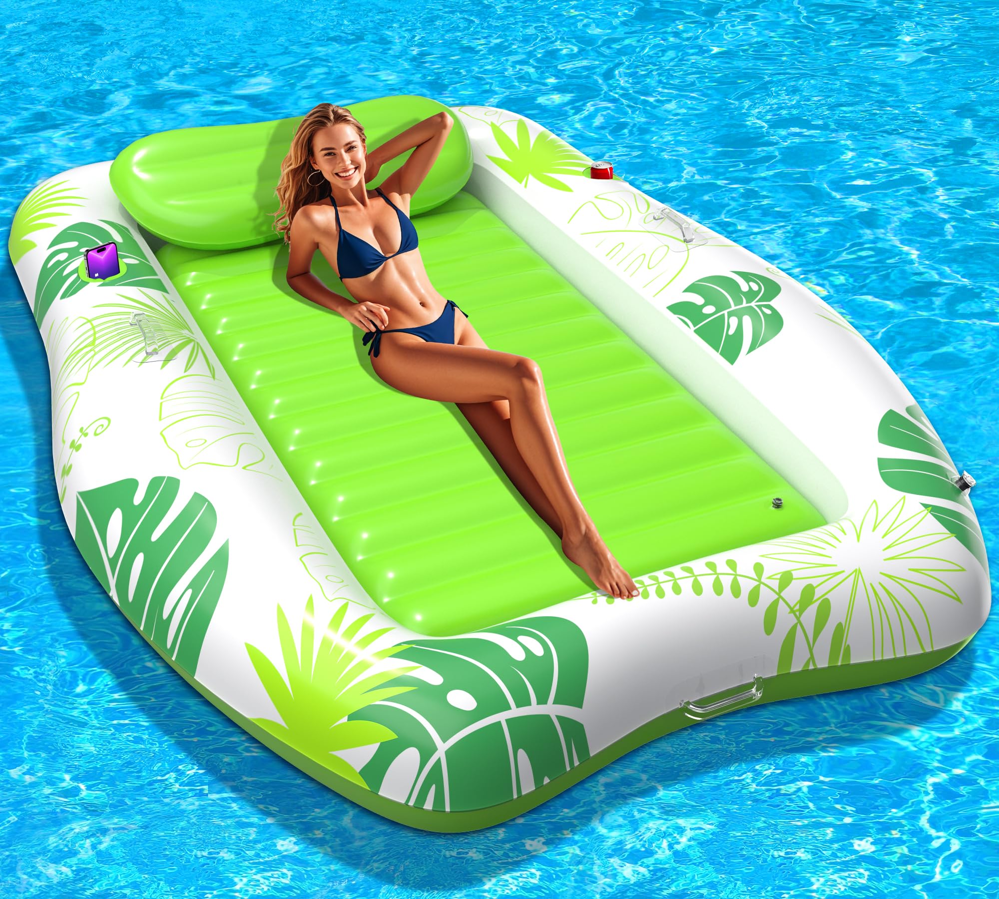 Photo 1 of LanAqua Inflatable Tanning Pool, 2025 Large Tanning Pool Lounger Float for Adults with Removable Head Rest, Sunbathing Tanning Pool Float with Cup & Phone Holders, Blow Up Tanning Pool Bed,Green