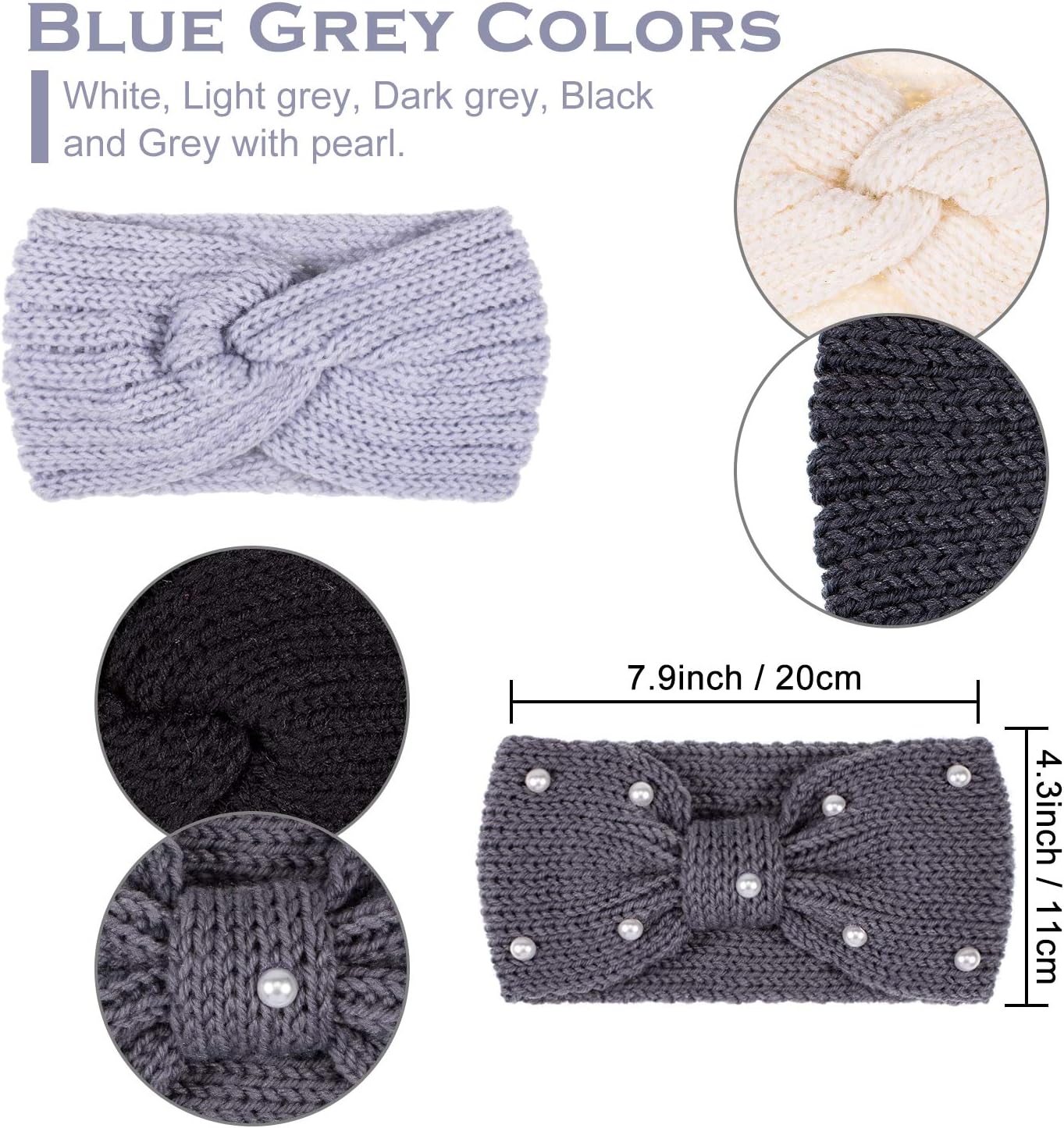 Whaline 5 Pieces Winter Knit Headbands Chunky Knit Headbands,4 Elastic Turban Head Wraps and 1 Pearl Crochet Hair Band - Image 3