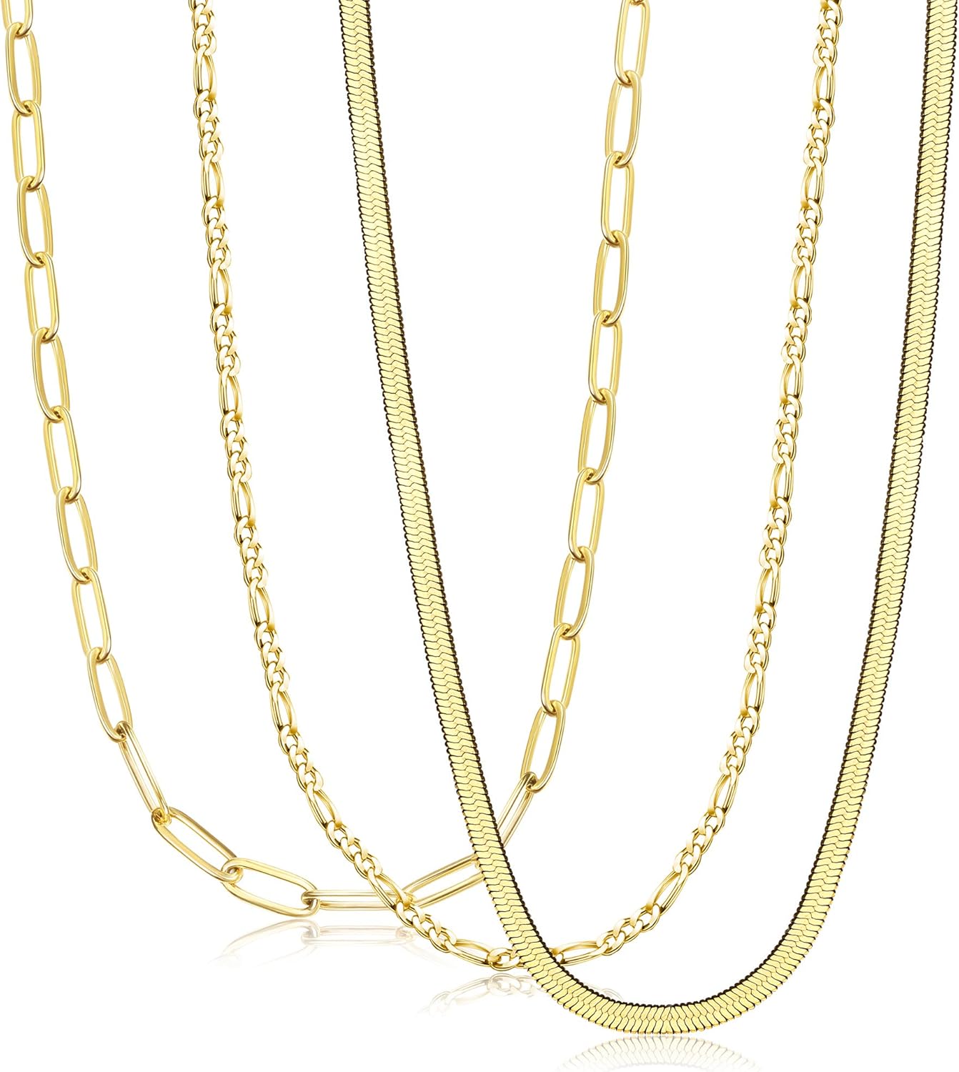 Florideco 3 Pcs Gold Plated Figaro Chain Necklace Stainless