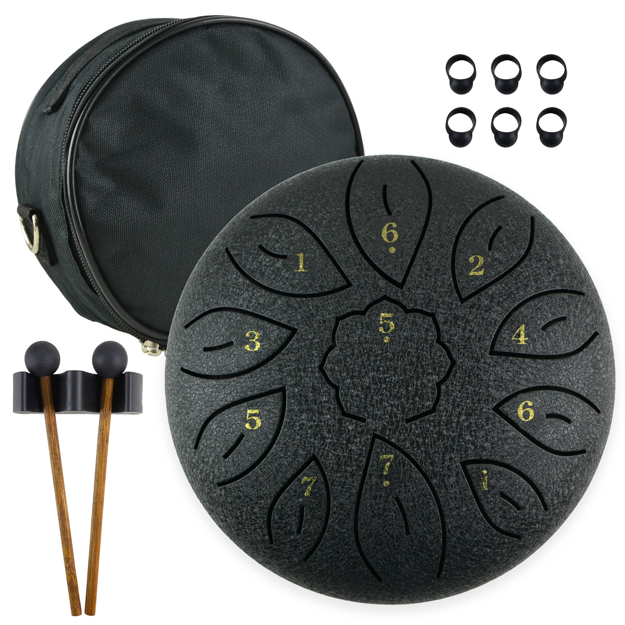 A-Star 6 Inch Steel Tongue Drum, Black, 11 Note Hand Drum with Mallets, Finger Beaters - Yoga, Meditation, Zen Drum