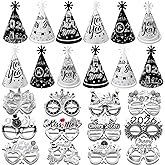HOWAF Black Silver 2026 New Year Party Set, Silver New Year Paper Glasses Cone Hats for 2026 News Years Eve Supplies, 2026 Decorations Kit, News Years Eyewear Paper Hats for NYE Party Decor,36pcs