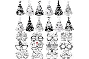 HOWAF Black Silver 2026 New Year Party Set, Silver New Year Paper Glasses Cone Hats for 2026 News Years Eve Supplies, 2026 Decorations Kit, News Years Eyewear Paper Hats for NYE Party Decor,36pcs