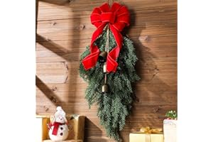 Dingion 23.6'' Christmas Teardrop Swag Wreath with Bells and Red Ribbon Bow Christmas Artificial Greenery Pine Teardrop Swag Farmhouse Xmas Winter Wreath for Door Window Wall Home Decor(Faux Spruce)