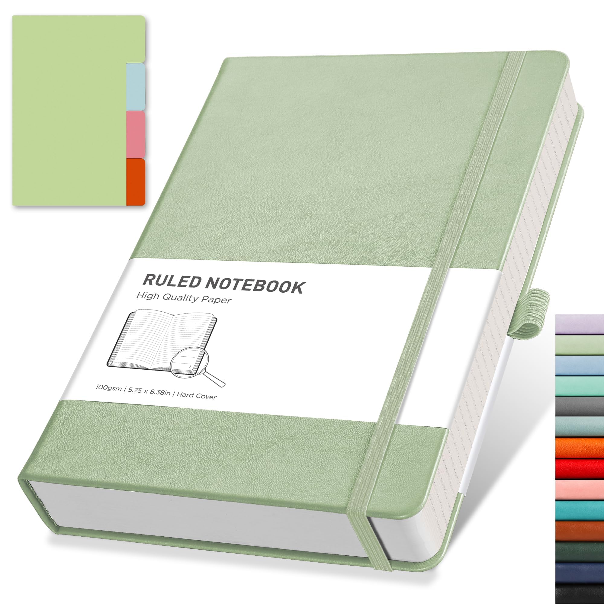 RETTACY Lined Journal Notebook - A5 Note Book Hardcover Notepad 192 Numbered Pages for Writing,100gsm Lined Paper, Leather Hardcover, for Women Men Work Office School,14.5 x 21cm - Light Green — image 1