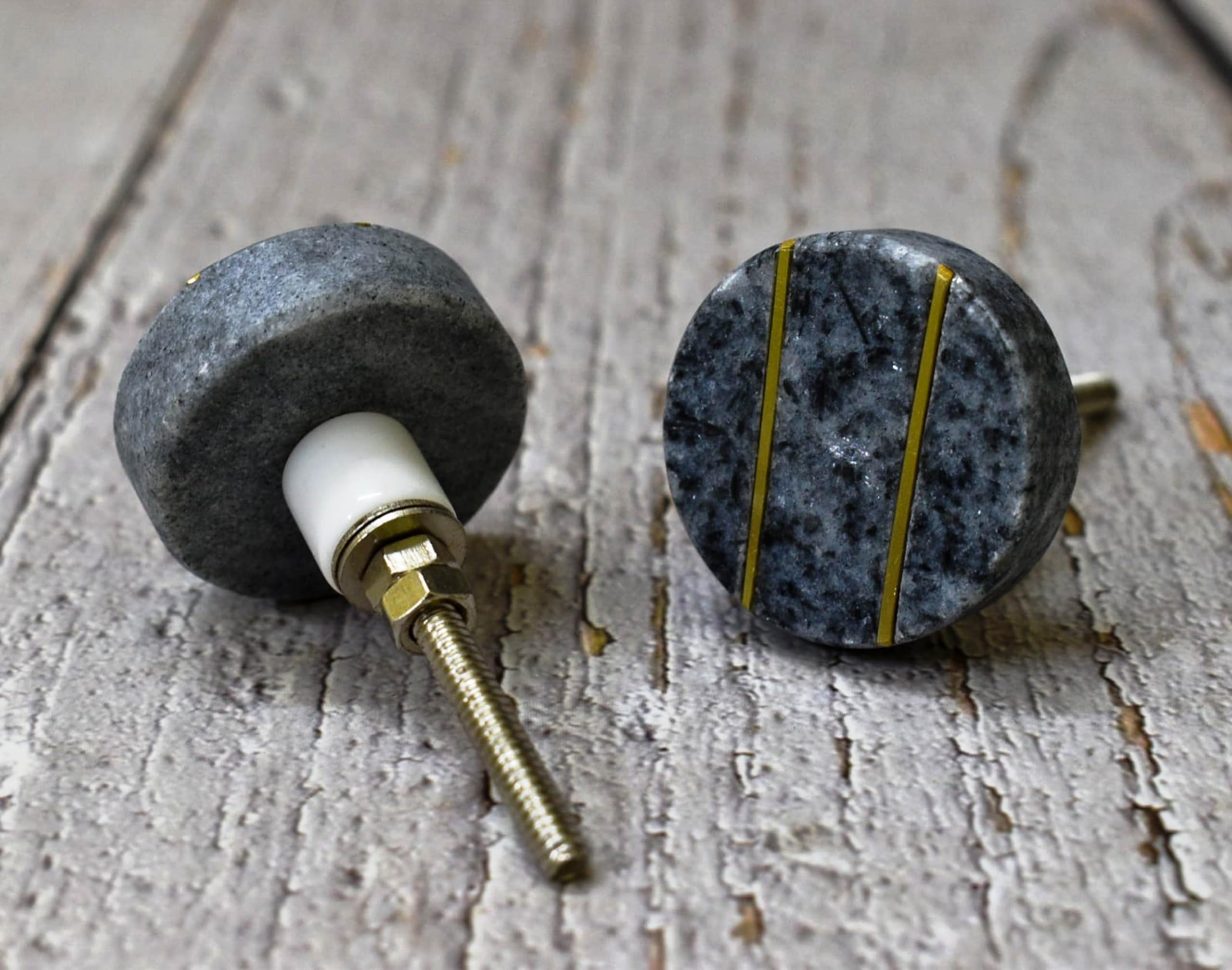 ARTISNO Round Marble Brass Knob, Modern Cabinet Knob, Decorative Hardware, Furniture Hardware, Cabinet Handles, Dresser Pull (Grey Round Stripes) Set-6