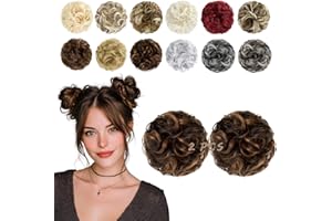 FeidyLong 2 PCS Messy Bun Hair Piece Wavy Curly Hair Bun Scrunchies Extensions Synthetic Chignon Thick Updo Hairpieces for Women Girls(Dark Brown Mix Light Auburn)