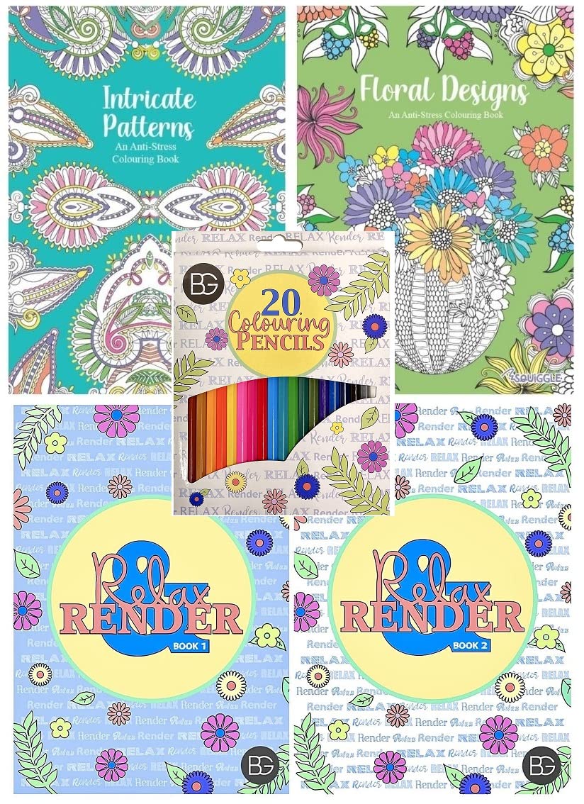 BG Adult Colouring Books, Relax & Render, Intricate Patterns & Floral - Set of 4 + 20 Colouring Pencils