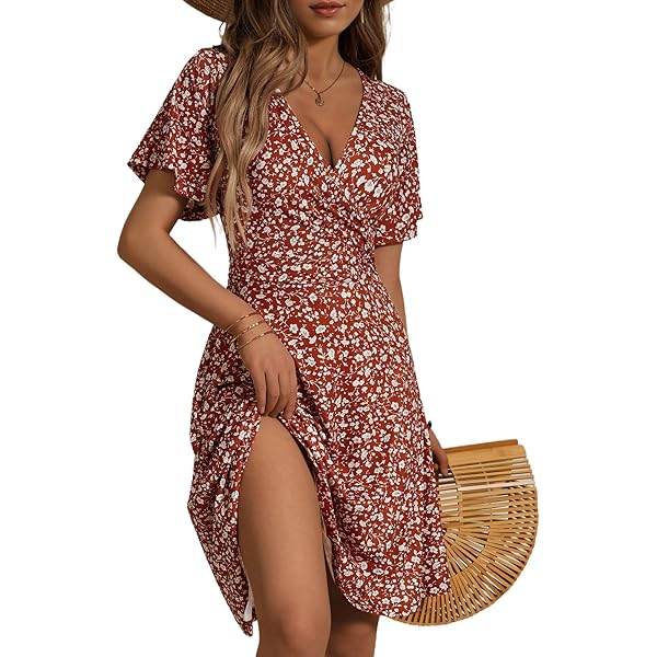 RKSTN Women's V-Neck Short Sleeve Pleated Summer Dress - Trendy Print Flowy Mini Sundress RKSTN Women's V-Neck Short Sleeve Pleated Summer Dress - Trendy Print Flowy Mini Sundress