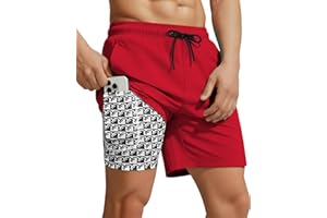 Yufawow 7 Inch Men Swim Trunks with Compression Liner Quick Dry Drawstring Male Swimtrunks for Beach Summer Water Park