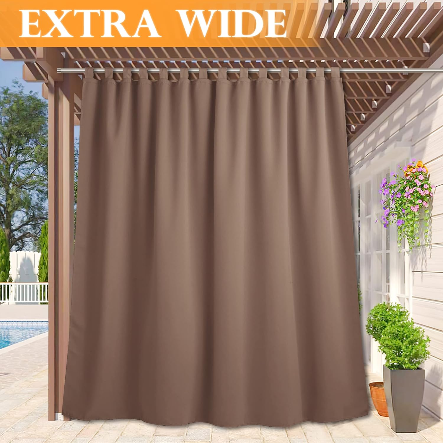 Outdoor Curtains - RYB HOME Outdoor Curtain Patio - Extra Wide Blackout Curtains Waterproof Privacy for Front Porch Lawn Corridor Patio Door, Width 100 x Length 84 Inch, Mocha