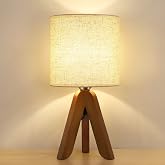 HAITRAL Wooden Tripod Table Lamp with Brown Base, Small Table Lamp,13.4Inch | Bedsides Lamp with Linen Fabric Shade, Nightstand Lamp Cute Night Lamp for Bedroom,Kids Room,Nursery,Dorm