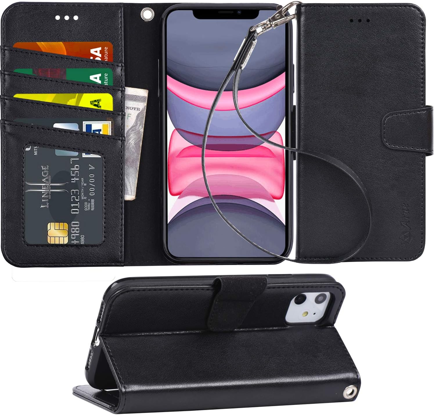 Arae Case for iPhone 11 PU Leather Wallet Case Cover [Stand Feature] with Wrist Strap and [4-Slots] ID&Credit Cards Pocket for iPhone 11 6.1 inch 2019 Released - Black