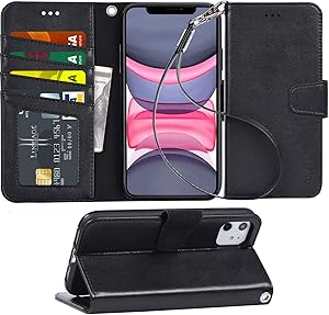 Arae Case for iPhone 11 PU Leather Wallet Case Cover [Stand Feature] with Wrist Strap and [4-Slots] ID&Credit Cards Pocket for iPhone 11 6.1 inch 2019 Released - Black
