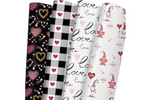 GIOLNIAY GIOLAINY Valentine's Day Wrapping Paper for Men Women - Heart, Gnome, White&Black Plaid, Love" Design - 8 Sheets, 20×29 Inches Each, Easy Storage