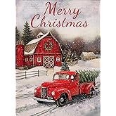 Selmad Home Decorative Merry Christmas Garden Flag Red Truck Double Sided, Winter Rustic Quote House Yard Flag Xmas Pickup, Outside Holiday Yard Decorations, Horses Seasonal Outdoor Flag 12 x 18