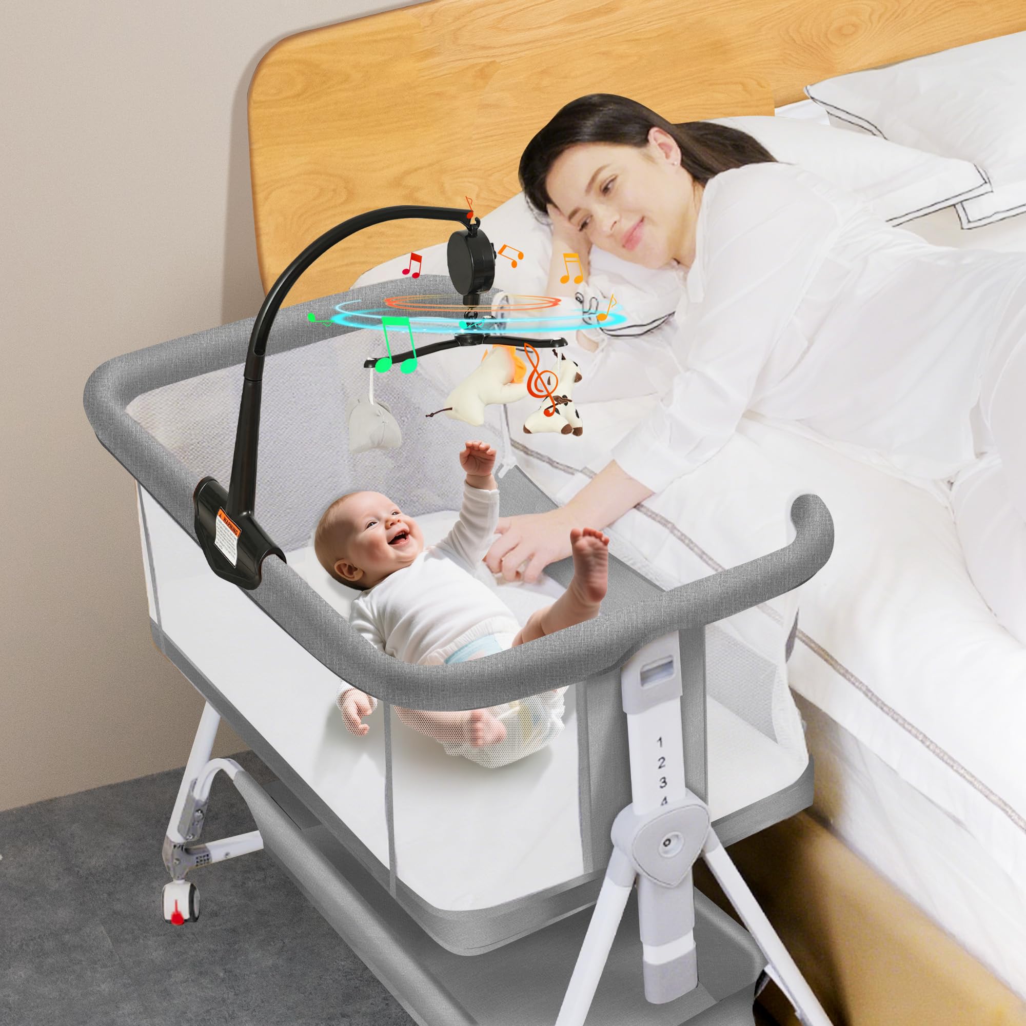 Photo 1 of Donpemu Baby Bassinet Bedside Crib, 3 in 1 Baby Bassinet Bedside Sleeper with Musical Toy, Adjustable Portable Crib All Mesh Bedside Bassinet with Storage Basket, Grey