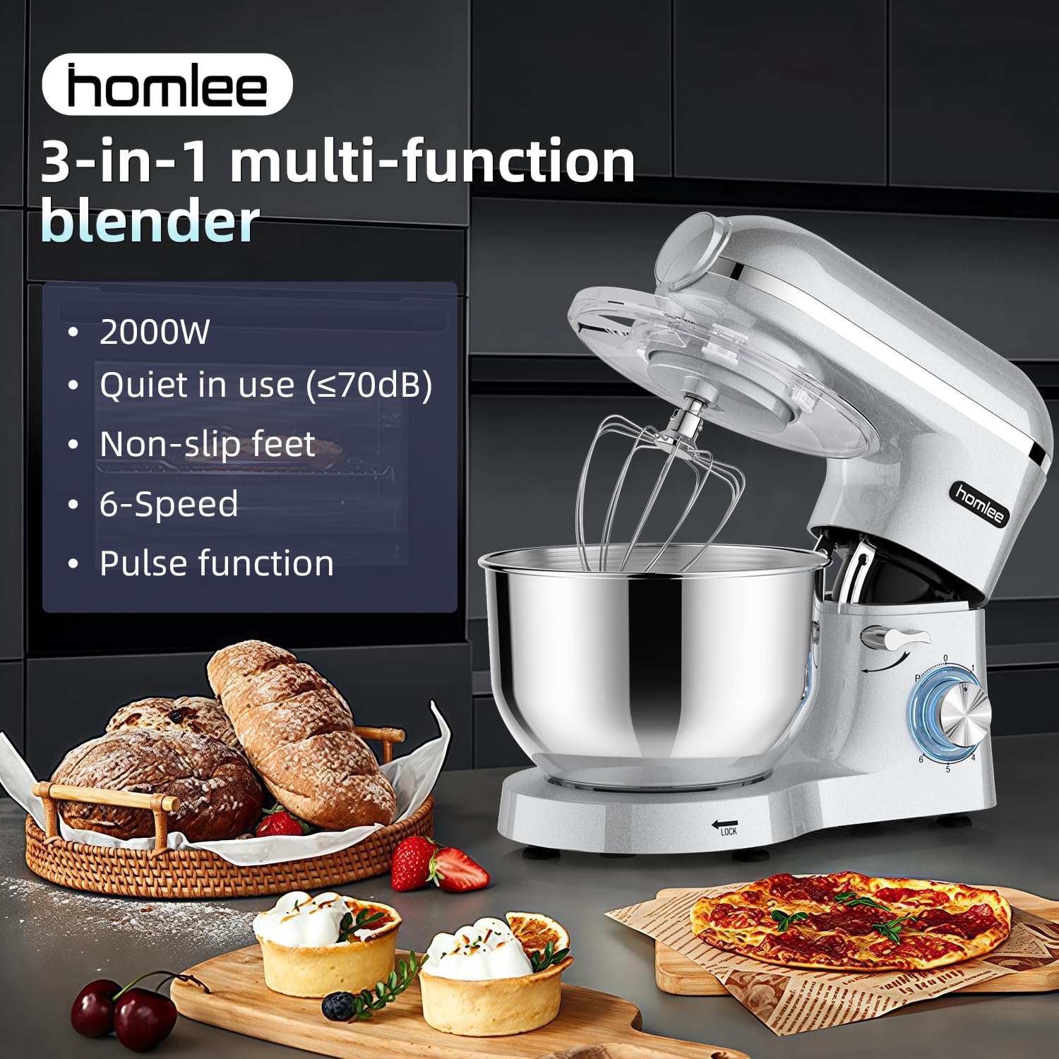 Homlee 3 in 1 Universal Küchenmaschine 2000W Multifunktionale Knetmaschine 6-stufige Gescheindigkeit Mixer, mit Fleischwolf, 1.5L Saftpresse, 5.5L Edelstahlschüssel knetmaschine 8