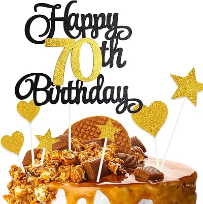 ZHIHUI 7-Piece Personalised 70th Birthday Cake Toppers Black Gold Glitter Happy