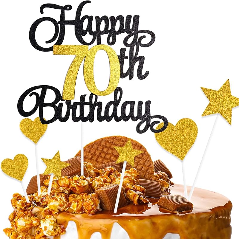 ZHIHUI 7-Piece Personalised 70th Birthday Cake Toppers Black Gold Glitter Happy