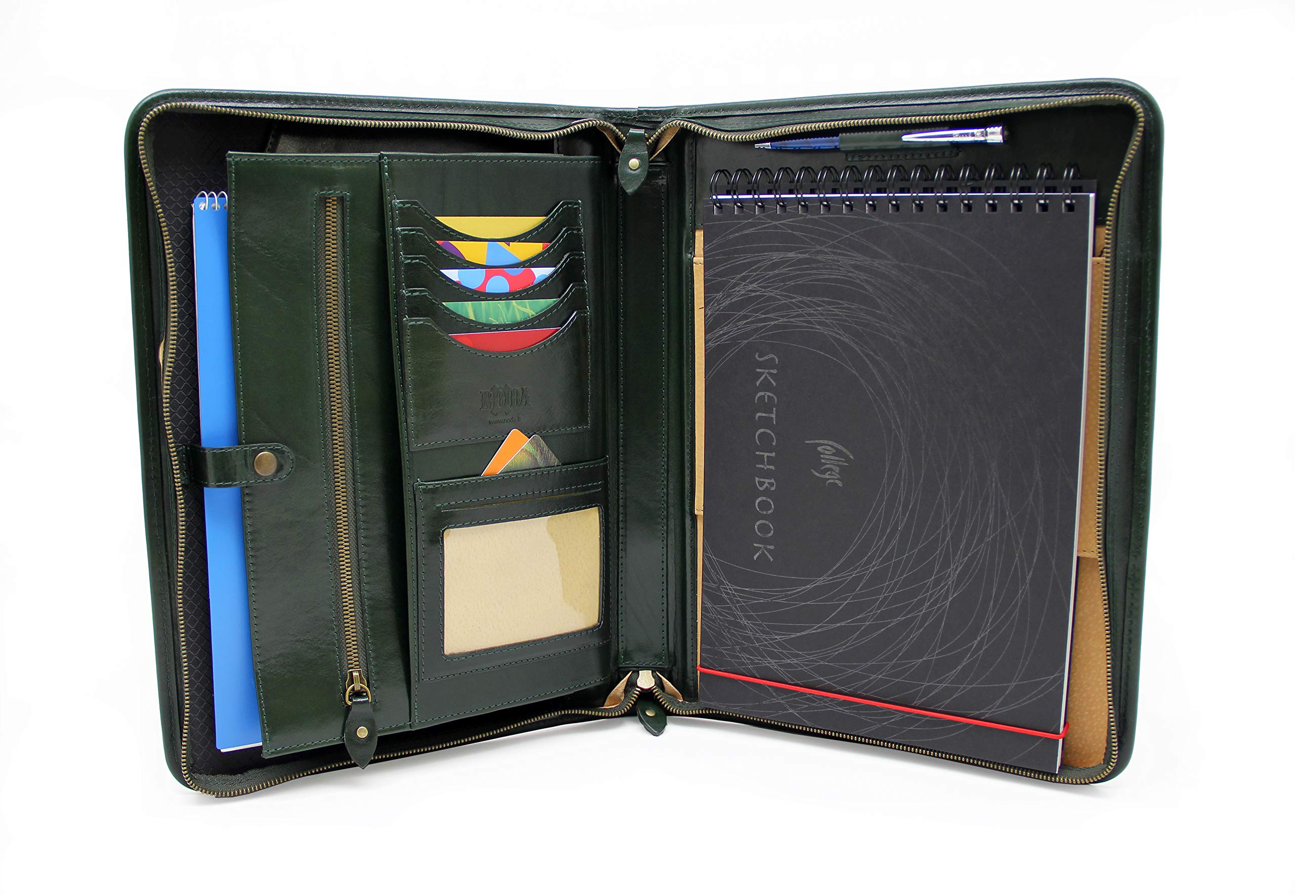 Italian Leather Portfolio, Zipped Conference A4, Folder, Padfolio, Leather Folio With Handle (green)