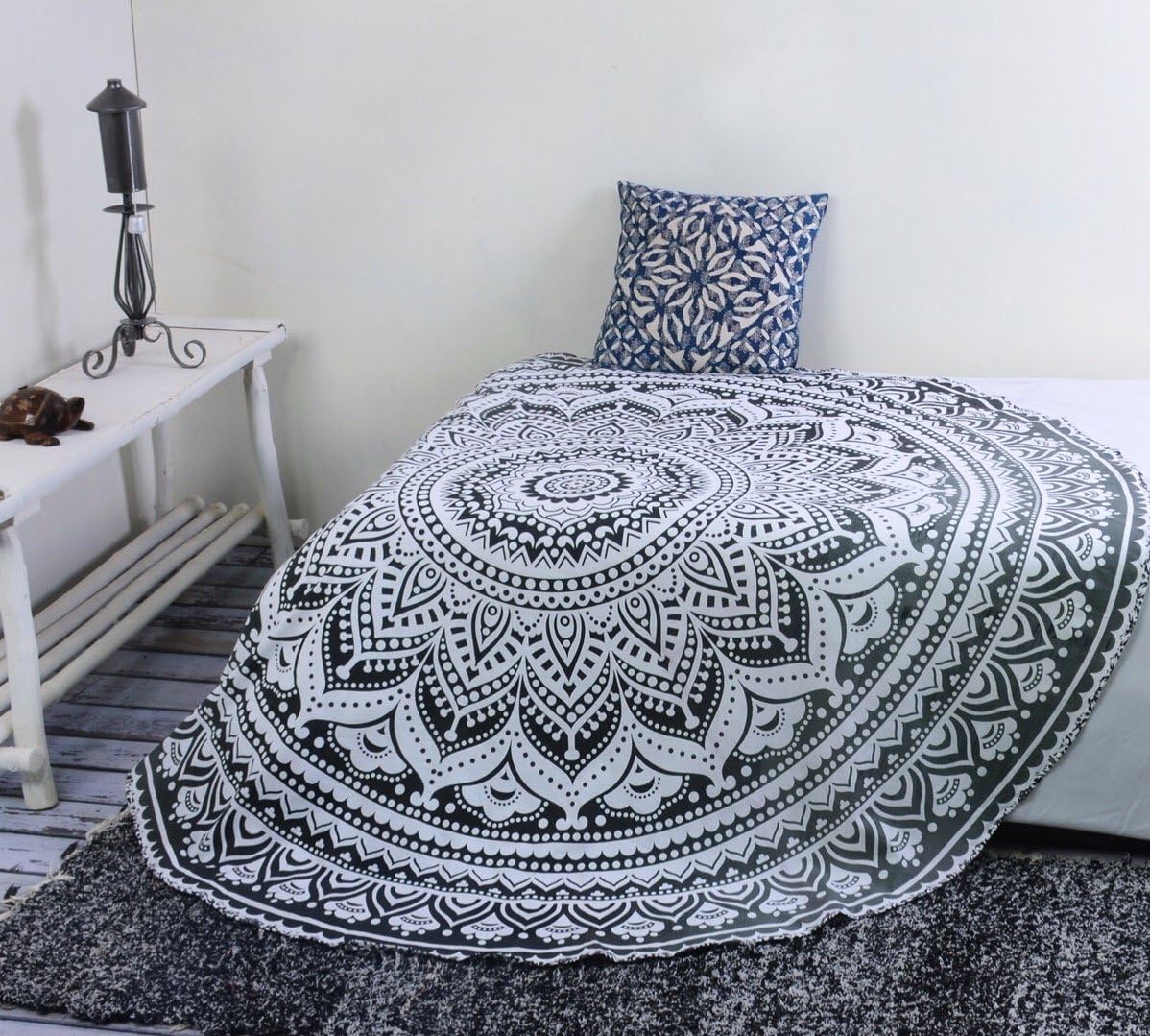 Popular Handicrafts Round Tapestry Wall Hanging Ombre Hippie Mandala Bohemian Hippy Intricate Indian Tapestries Tablecloth 70 Inches,(178cm) Black Grey