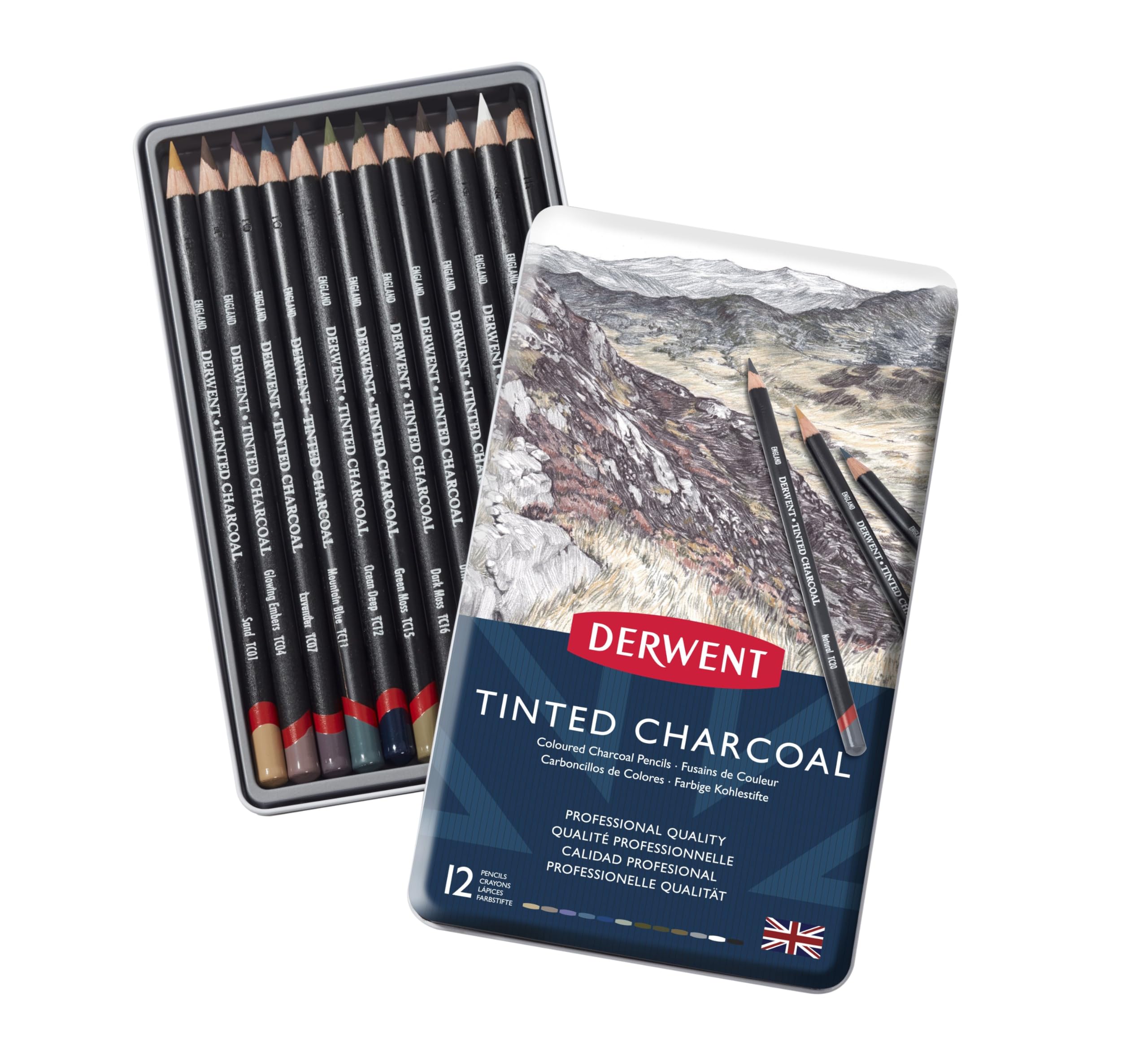 Derwent Tinted Charcoal Drawing Pencils, Set of 12, Watersoluble, Professional Quality, 2301690