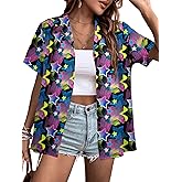 80s Outfits Women 80s 90s Neon Shirt Retro Theme Party Disco Shirt Hawaiian Button Down Short Sleeve Tops