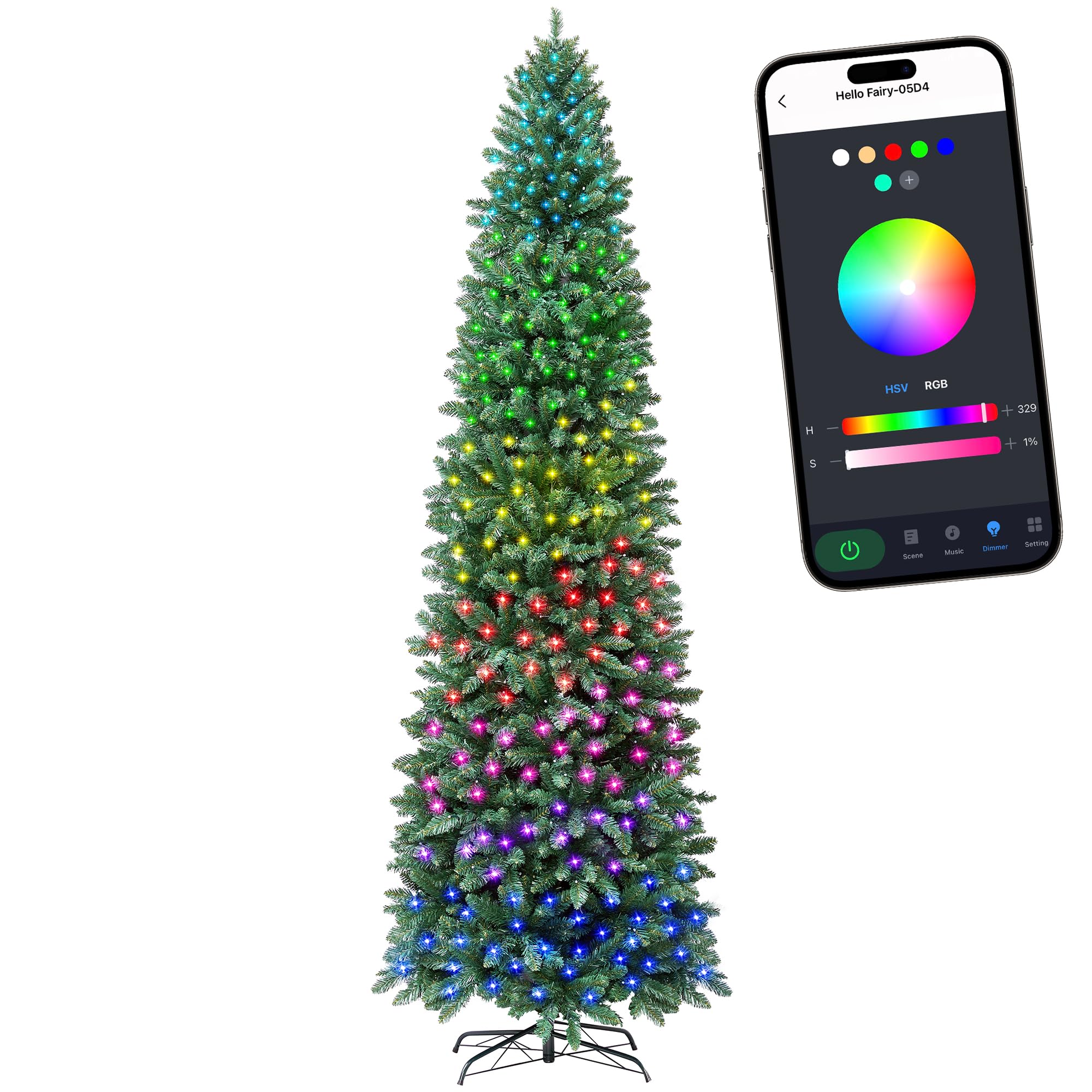 Photo 1 of HOLLO STAR 7.5ft Prelit Christmas Tree with 350 LED Lights, Artificial Slim Christmas Tree with App-Controlled Multi-Color RGB Lights, 1053 Branch Tips, Easy to Assemble, for Home, Party