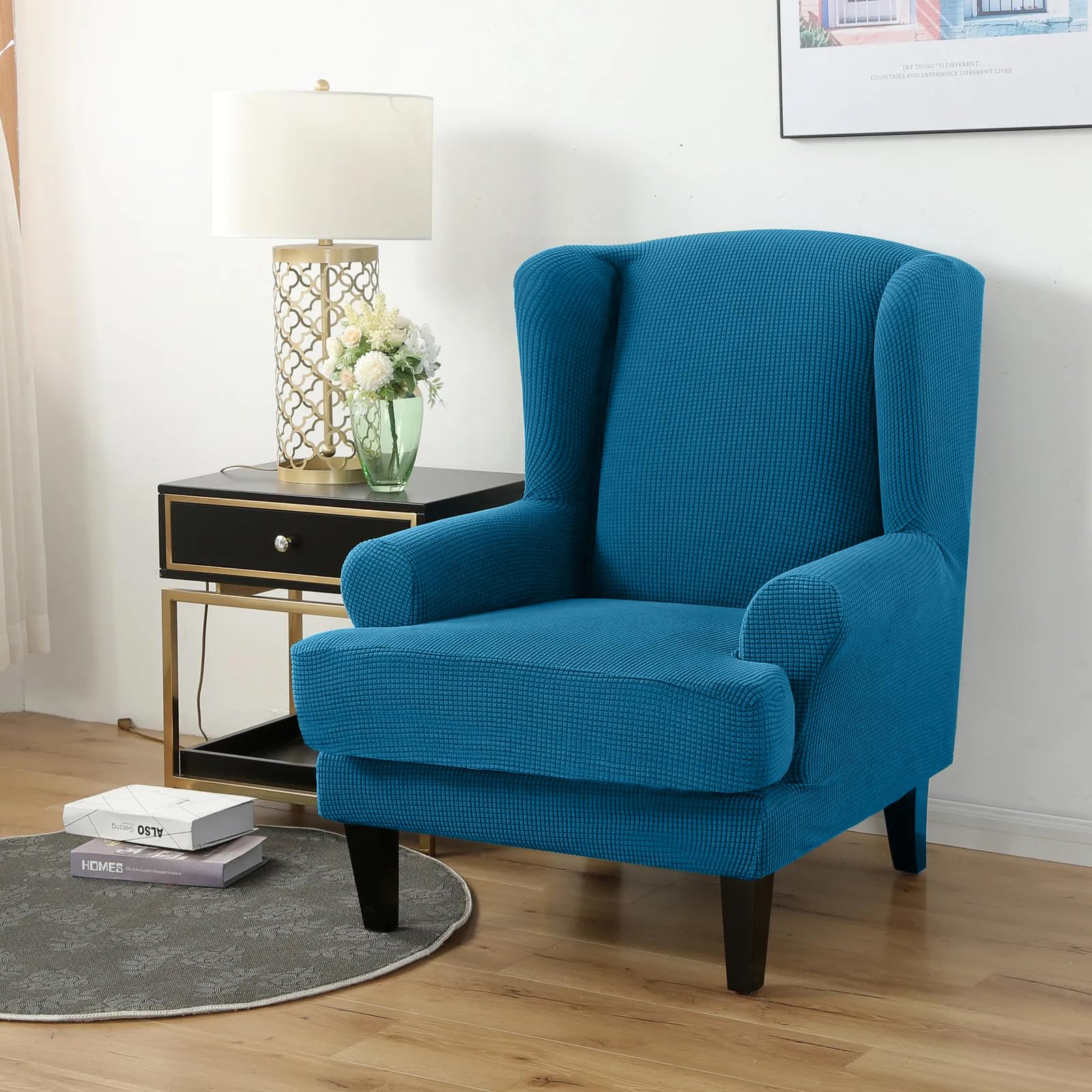 PETCUTE Wing Chair Slipcovers Armchair Covers with Ears Stretch Wing Chair Covers Jacquard Furniture Protector Blue