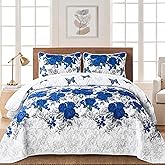 Yiran Blue Floral Quilt Set Queen Size Summer Botanical Bedspreads Bedding Set 3 Pieces Lightweight Rose Flowers Printed Coverlet with 2 Pillow Shams for All Season 96x90 Inch