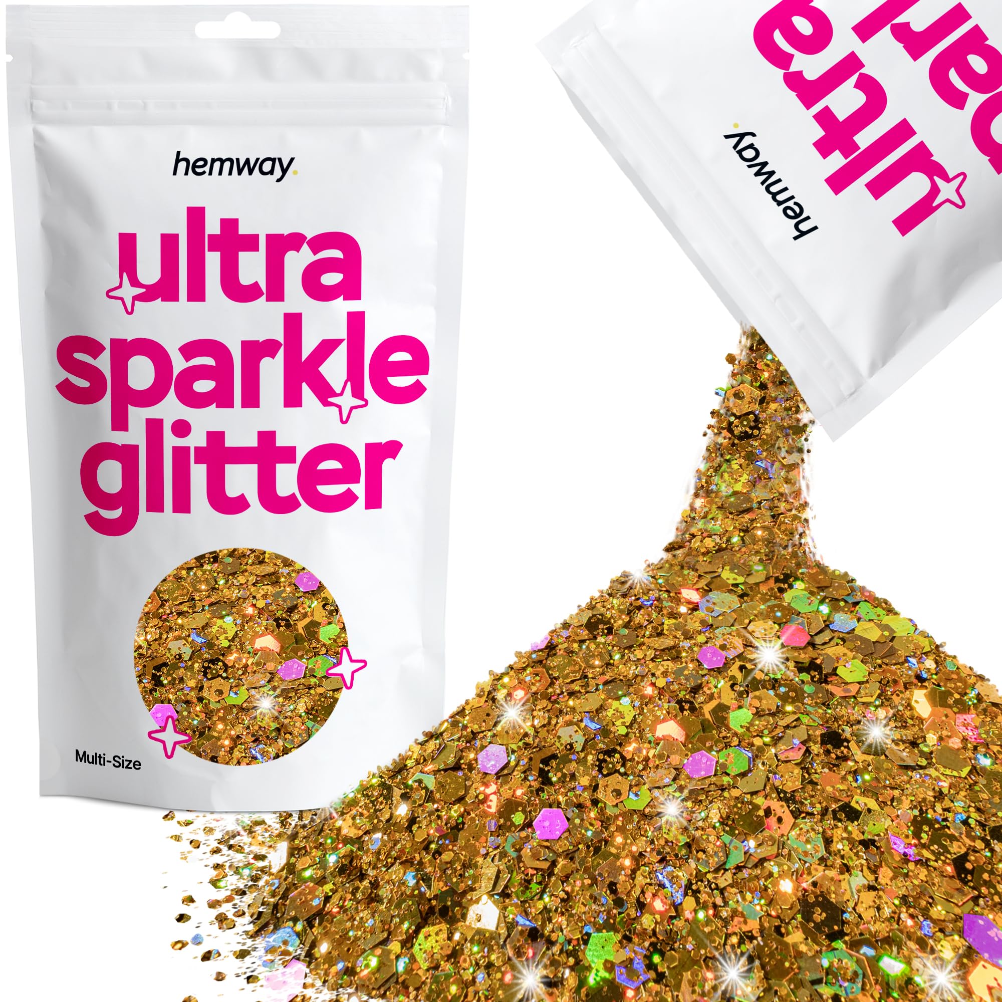 Hemway Ultra Sparkle Glitter Gold Holographic 100g Multi Size | Glitter for Arts & Craft, Makeup, Nail Art, Crafting, Card Making, Sparkle Decoration