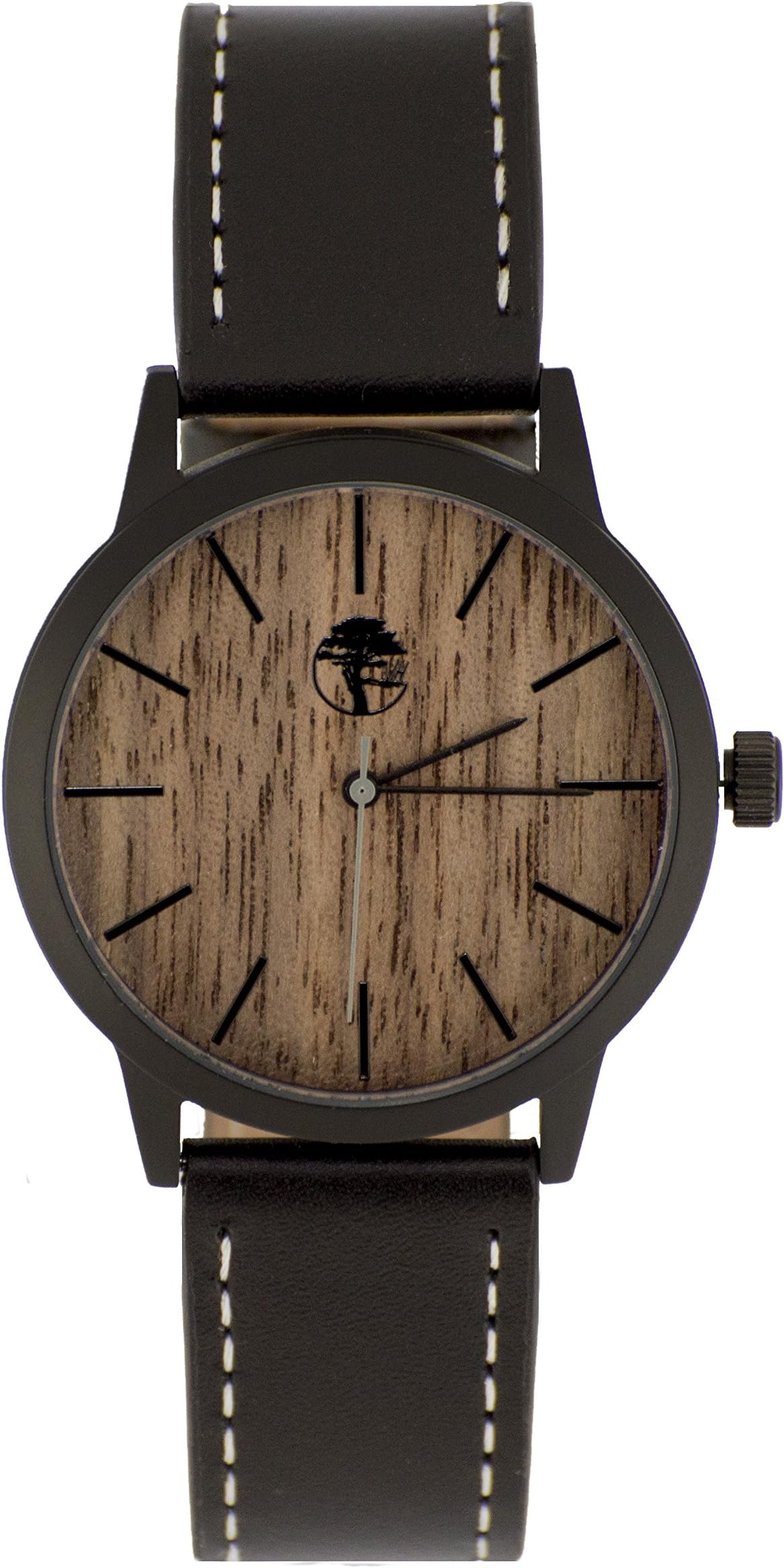 Viable Harvest Men’s Wood Watch Walnut Waterproof Black Steel Case Quartz Movement Genuine Leather Strap