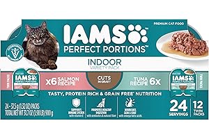 IAMS Perfect Portions Indoor Adult Wet Cat Food Cuts in Gravy Variety Pack, Salmon and Tuna Recipes, 2.6 oz. Easy Peel Twin-Pack Trays (12 Count, 24 Servings)