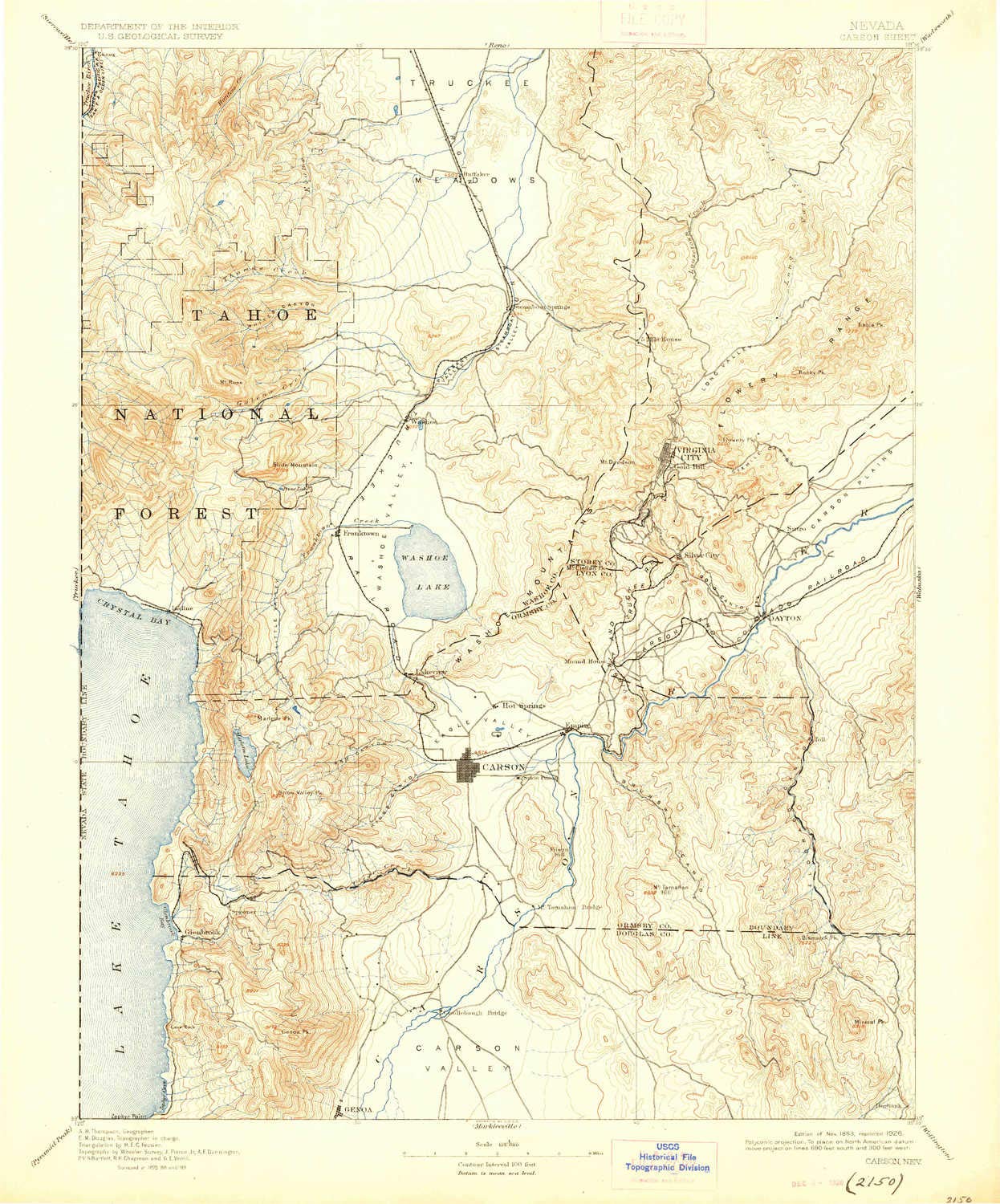 YellowMaps Carson NV topo map, 1:125000 Scale, 30 X 30 Minute, Historical, 1893, Updated 1926, 19.7 x 16.3 in