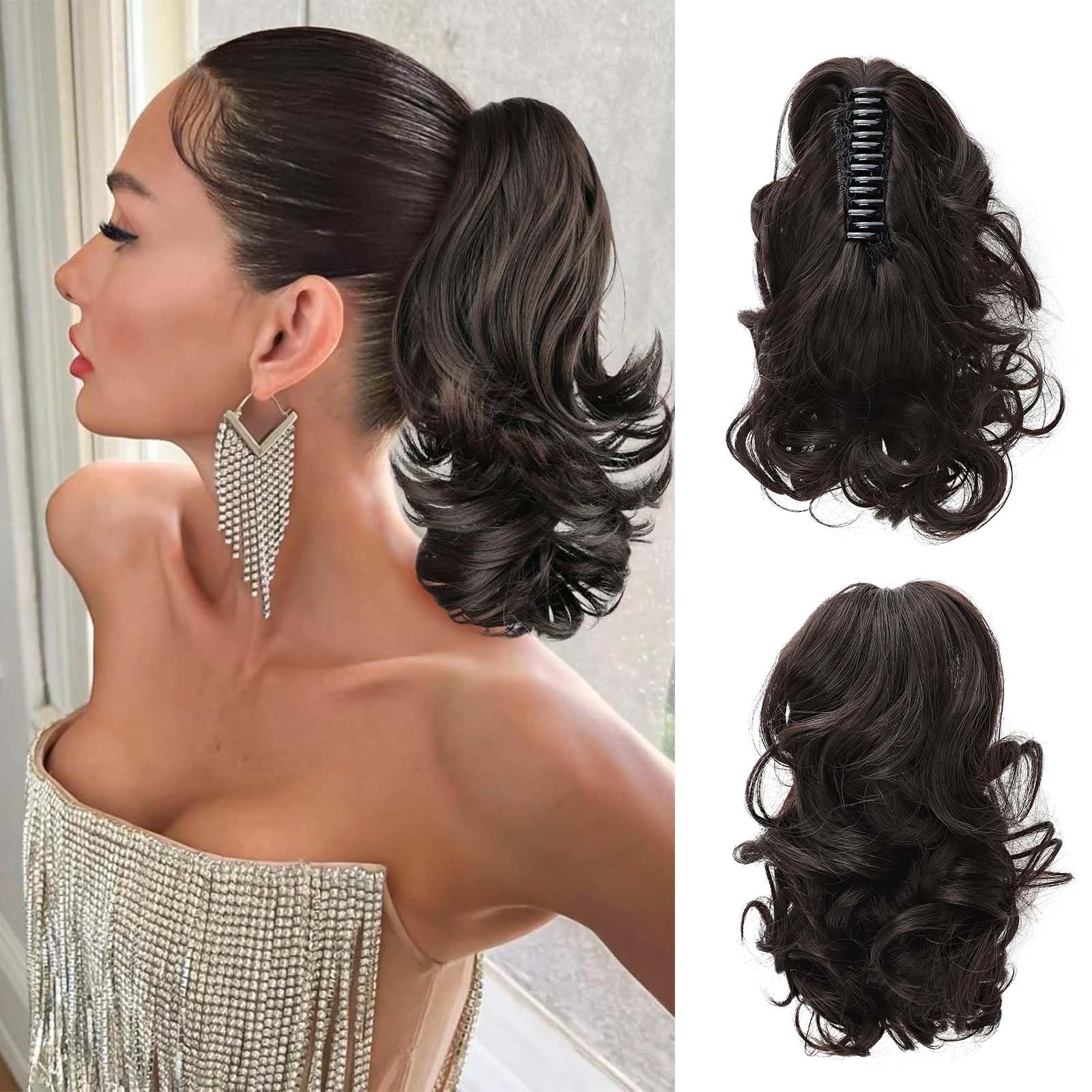 Fashion Ponytail Hair Extension Claw Curly Wavy Straight Clip in ponytail Hairpiece One Piece fake hair Ponytails for Women 12” Curly Dark Brown — image 1