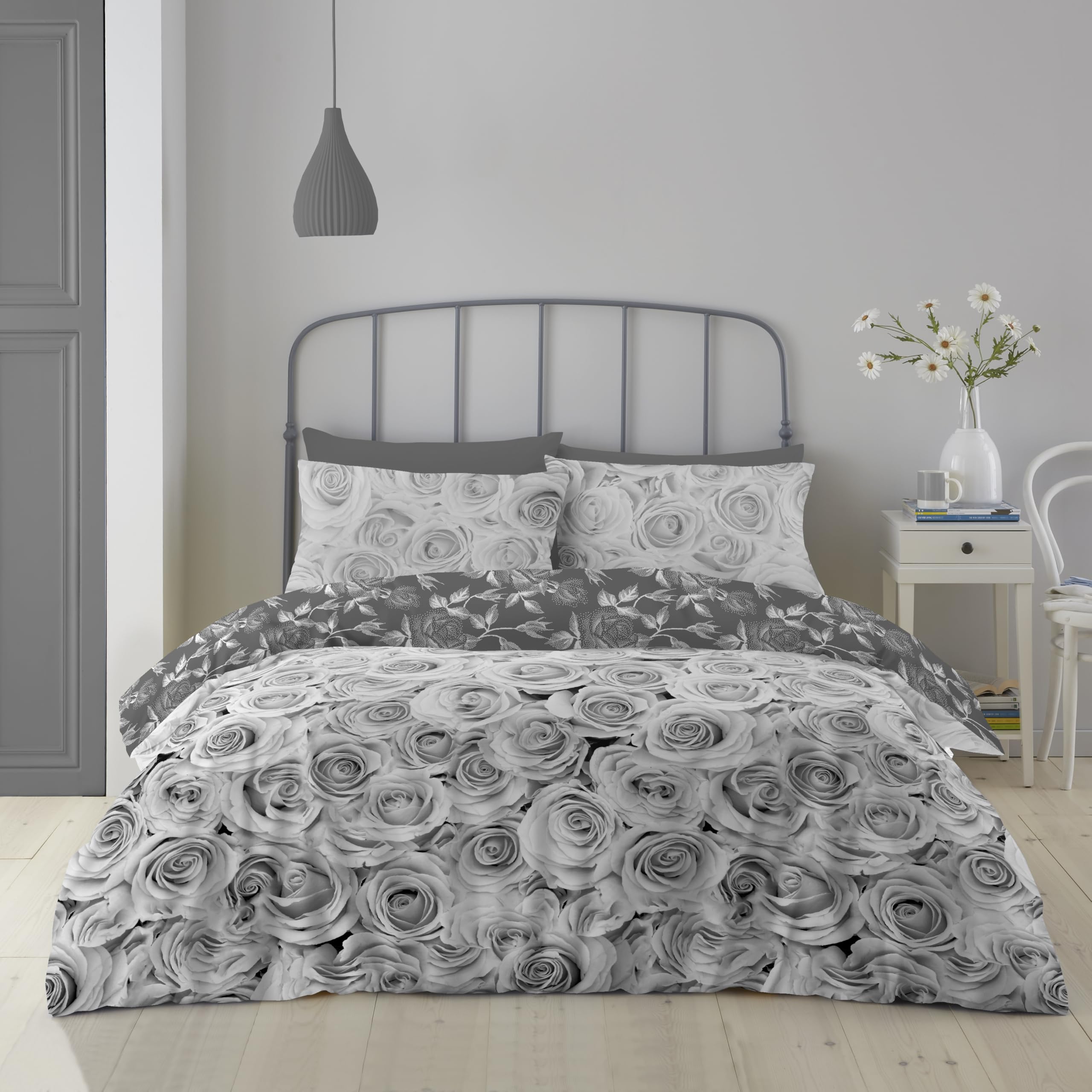 GC GAVENO CAVAILIA Premium Flower Duvet Cover Set, Warm & Cosy King Size Bedding Grey, Breathable Bed Covers