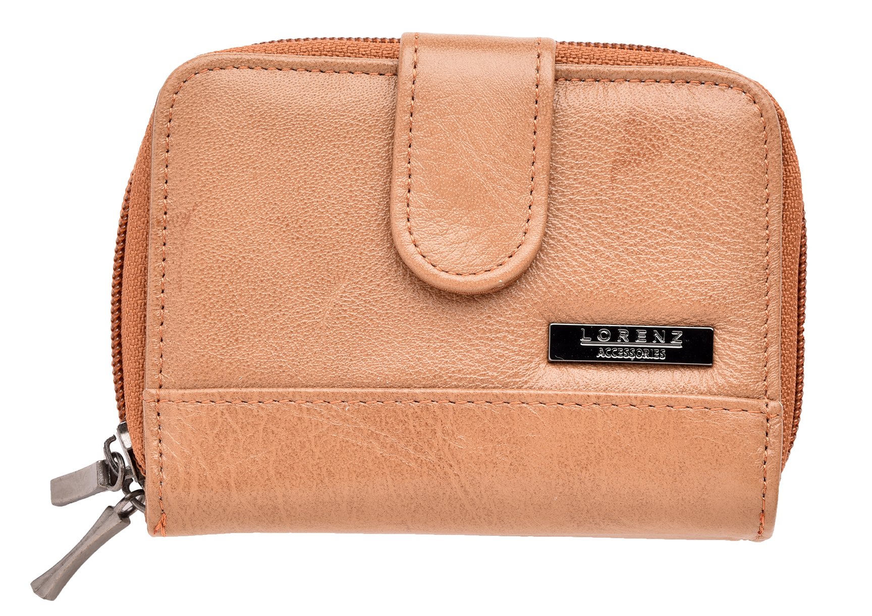 Ladies Small Leather Purse wih 2 Zipped Compartments - Tan