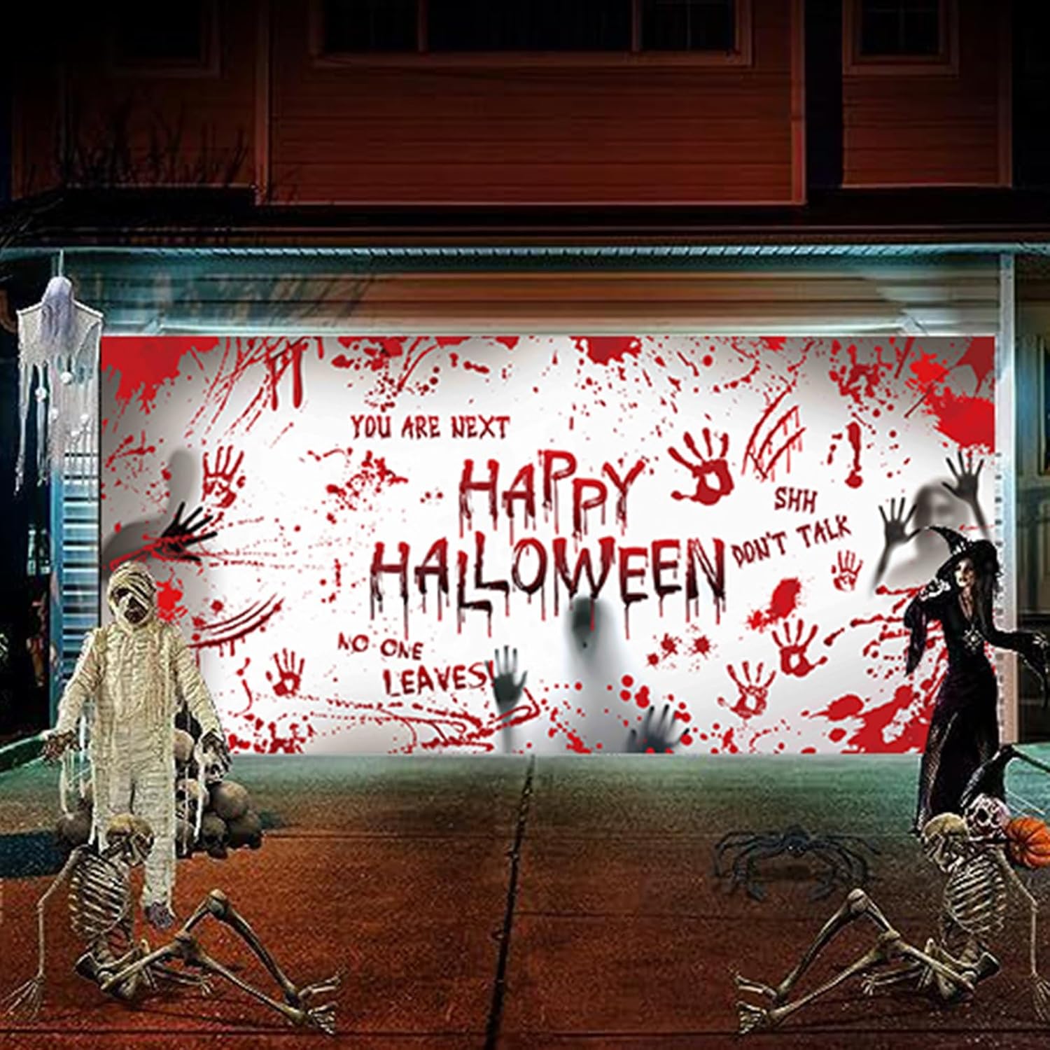 Garage Door Decorations - Halloween Garage Door Banner Cover with Grommets 6 x 13 ft Halloween Decorations Bloody Backdrop Footprints Handprints Ghost Horror Background (Horror Style)