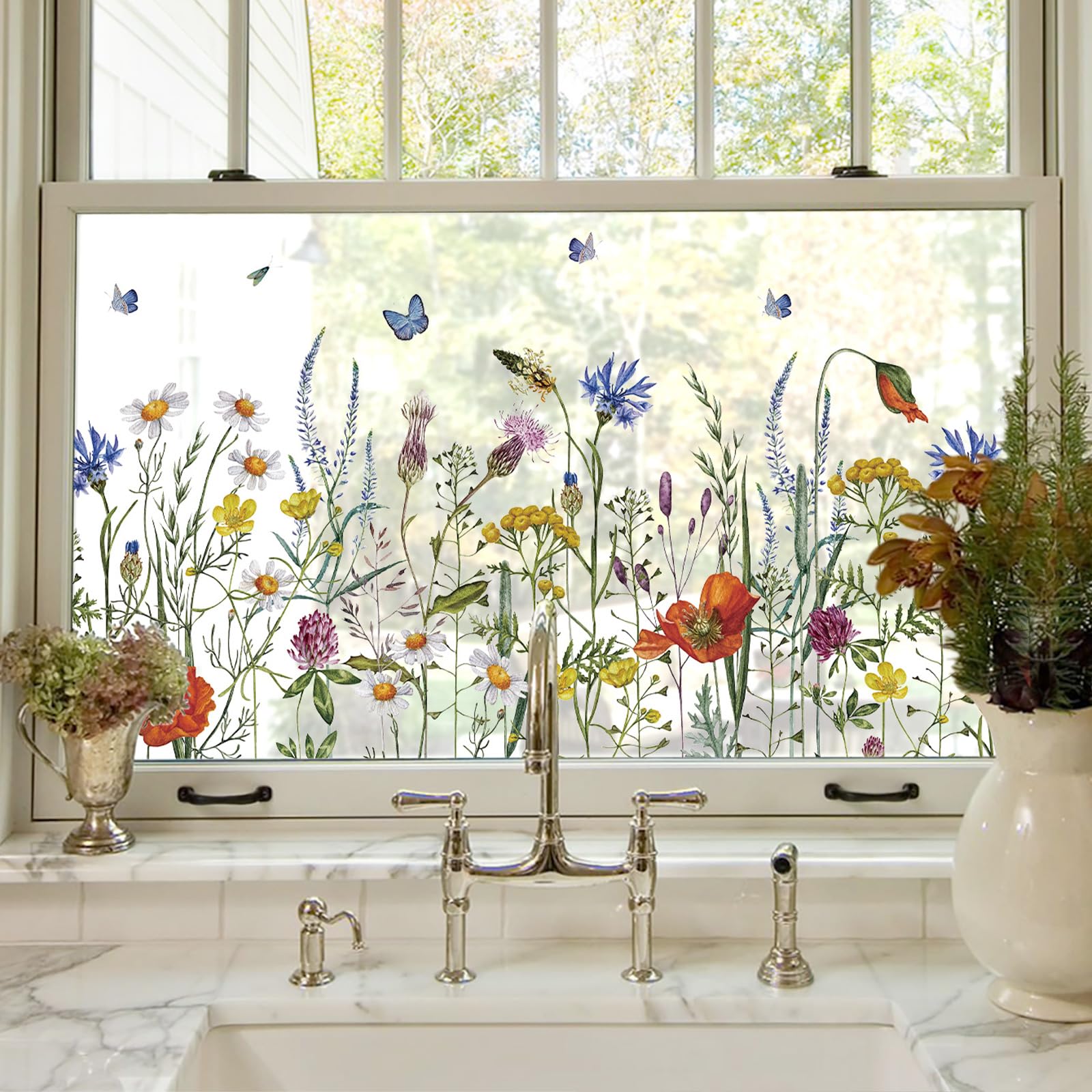 Photo 1 of ADD.HERES Window Privacy Film, Colorful Floral Window Stickers, Removable DIY Bouquet Static Clings, Decals for Home School Office Party Supplies, Butterfly Among The Flowers, 17.5 x 78.7 in