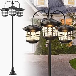 76" Classic Black Solar Lamp Post Lights - 3-Head