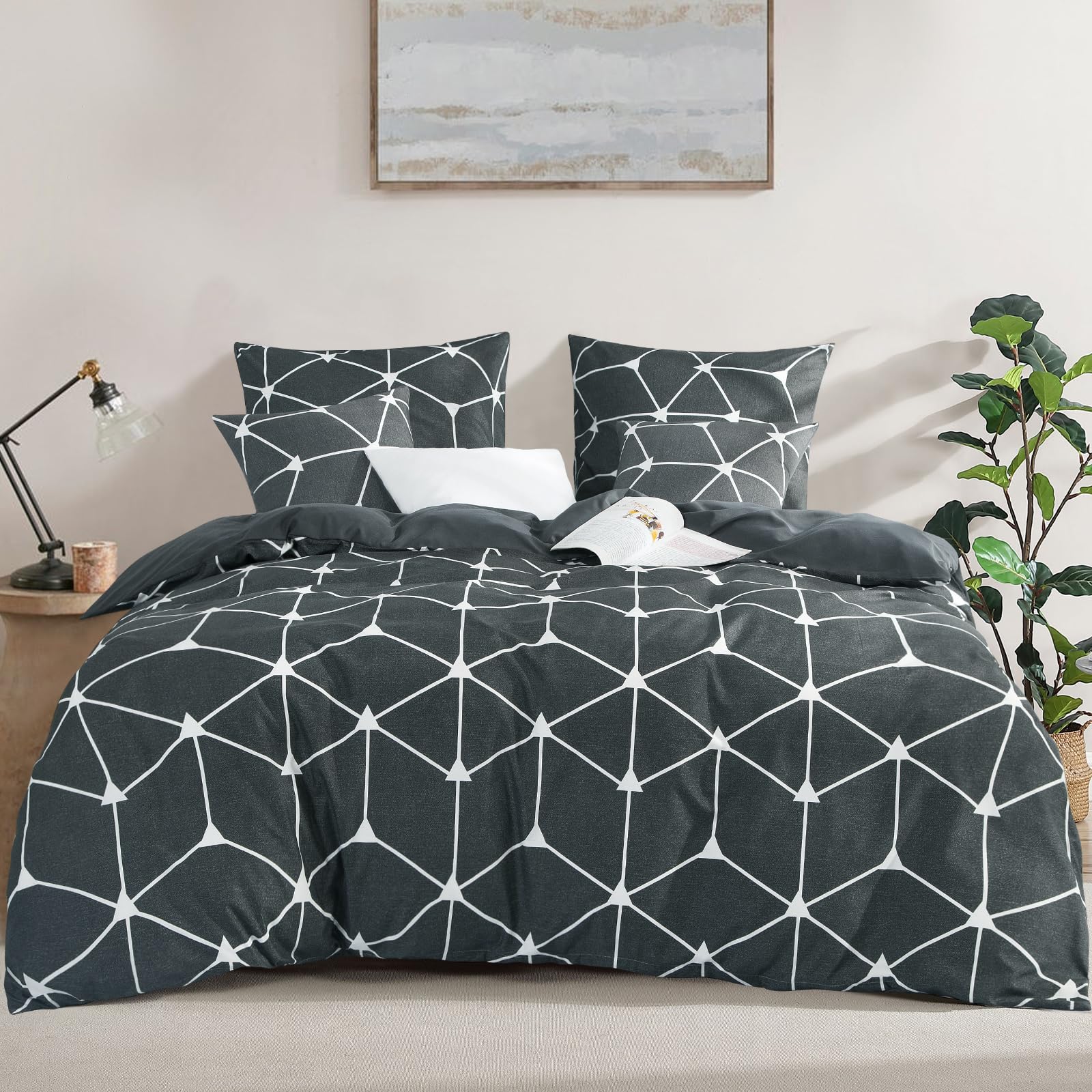 RUIKASI Bed Linen 220 x 240 cm, 3-Piece Anthracite - Duvet Cover 220 x 240 cm Set with Geometry Pattern, Microfibre Bed Linen Set with Zip, Soft and Non-Iron