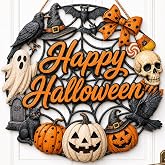 Halloween Wreath for Front Door Wooden Ghost Pumpkin Door Sign Wall Decor | Farmhouse Pumpkin Black Cat Wreath with Happy Halloween Sign for Porch Window Wall Home Decoration Indoor Outdoor 12x12 Inch